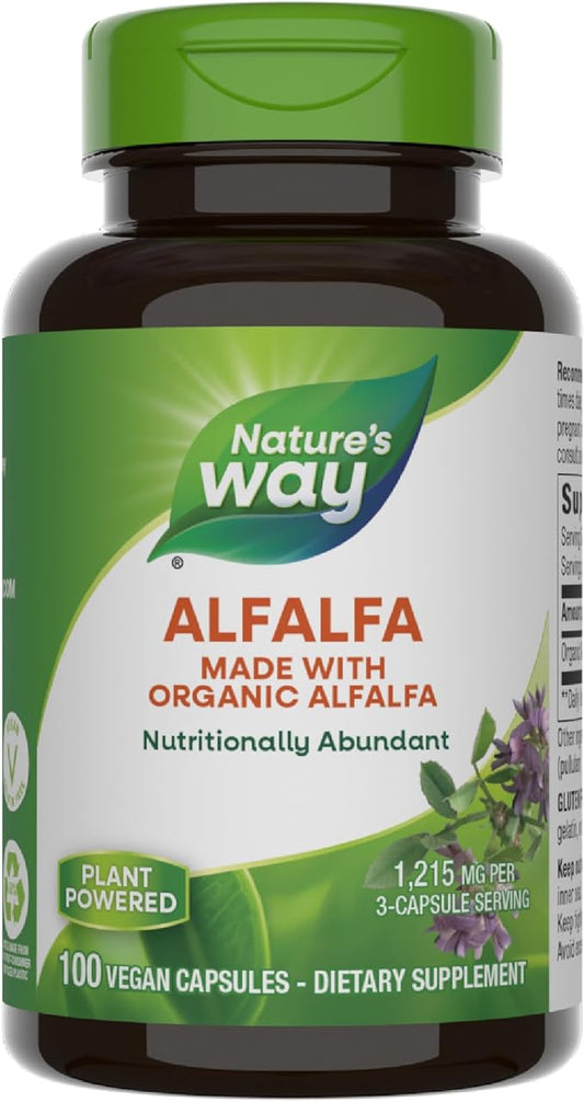 Nature's Way Alfalfa, Made With Organic Alfalfa, 1,215 mg per 3-capsule serving, Alfalfa Herbal Capsule, Gluten Free, Vegan, 100 Capsules (Packaging May Vary)