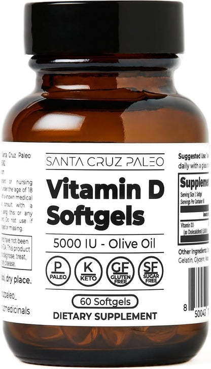 Santa Cruz Paleo Vitamin D Supplement, Bone Health & Immune Support, 5000 i.u. Per Softgel, Gluten Free, Keto, Sugar Free, Paleo, Vitamin D3, Olive Oil for Absorption, Natural Ingredients, 60 Softgels