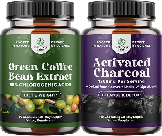 Bundle of Pure Green Coffee Bean Extract for Antioxidant Heart Health Mental Focus and Size Reduction and Cleanse and Detox Activated Charcoal Capsules for Bloating Relief and Body Detox Cleanse