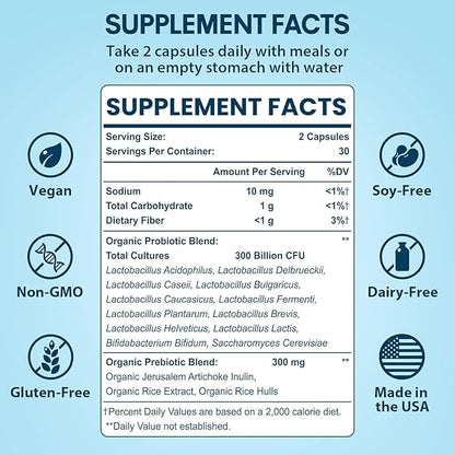 Probiotics for Women and Men, 300 Billion CFU Probiotics from 12 Strains Probiotic, Organic Prebiotics Blend, Shelf Stable Probiotic Supplement for Gut Immune & Digestive Health, 180 Capsules