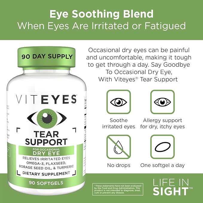 Viteyes Tear Support Eye Soothing Blend, Occasional Dry Eye Supplement, No Eye Drops, Redness Relief, Eye Vitamin, Allergy Support for Itchy Eyes, Omega-3 Fish Oil, 90 Softgels