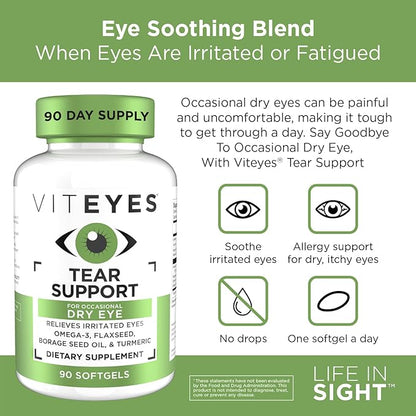 Viteyes Tear Support Eye Soothing Blend, Occasional Dry Eye Supplement, No Eye Drops, Redness Relief, Eye Vitamin, Allergy Support for Itchy Eyes, Omega-3 Fish Oil, 90 Softgels