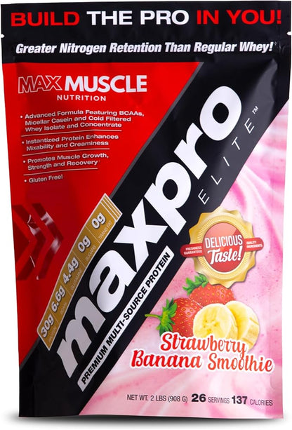 Max Muscle Maxpro Elite Whey Protein Powder | 30g Protein | 0g Sugar | 6.6g BCAAs | Micellar Casein Cold Filtered Whey Isolate Protein | Promotes Muscle Growth & Recovery (Strawberry Banana, 2lb)