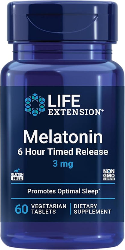 Life Extension Melatonin 6 Hour Timed Release 3 mg - For Circadian Rhythm & Immune Function, Cellular and DNA Health - Sleep Supplement - Non-GMO, Gluten-Free - Vegetarian Tablets, 60 Count