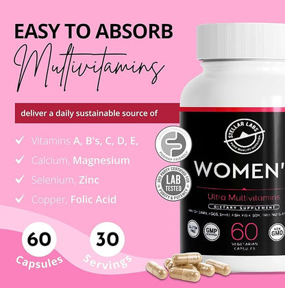 Stellar Labs Low FODMAP Vegan Women's Ultra Multi-Vitamin | Easy to Digest Daily Multivitamin Without Iron | Low Energy Supplement, Female Support | Easy to Swallow Veggie Capsules | 60 Count