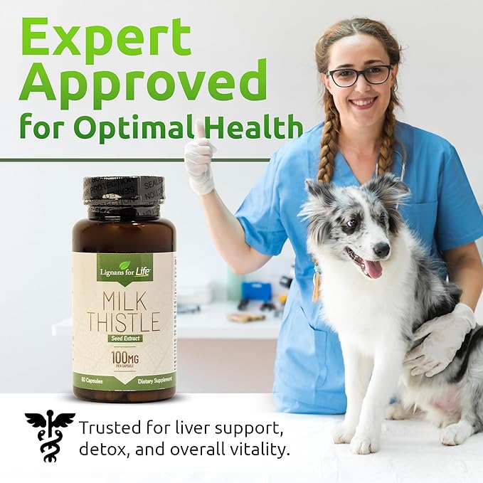 Lignans for Life Milk Thistle Seed Extract Herbal Supplement for Dogs, 100mg - 60 Vegetarian Capsules, Canine Liver Health