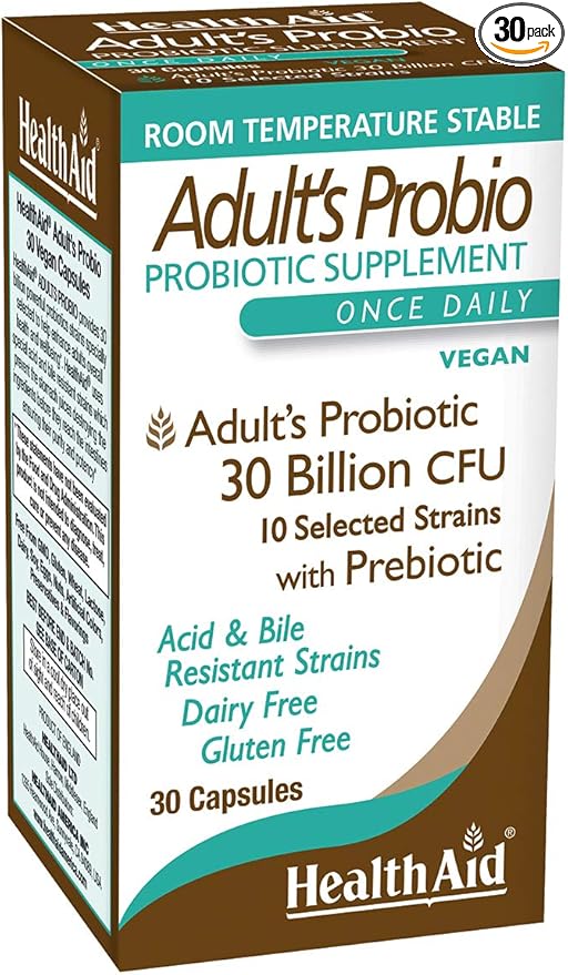 AdultsProbio 30 Billion, 10 Strains, Once Daily, 30ct, 30 Billion with Prebiotic, Acid & Bile Resistant Strains, Dairy & Gluten Free, Vegan