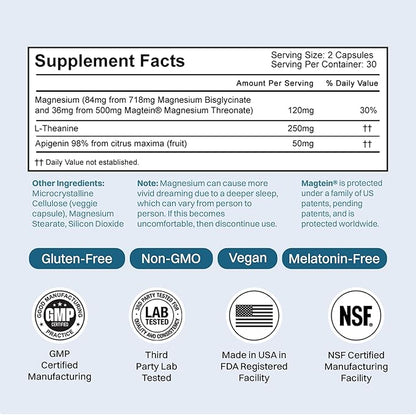 Magnesium Sleep Supplement - Magnesium Threonate, Chelated Magnesium's Bisglycinate, L-Theanine & Apigenin - Sleep Assist - Powerful Blend for Better Sleeping and Restful Nights - 60 Capsules