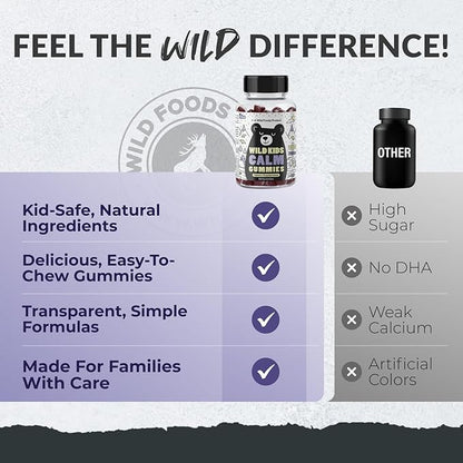 Wild Foods Kids Calm Gummies - Ashwagandha Gummies for Kids w/GABA, L-Theanine, Lemon Balm & Charmomile - Support Natural Relaxation, Stress Relief & Sleep, for Children 4+, Berry Flavor, 60 Count