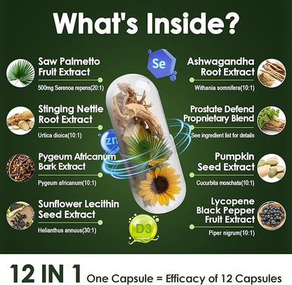 Organic Saw Palmetto - Prostate Health Supplements for Men with Ashwagandha Root, Stinging Nettle, Pumpkin Seed, Prostate Defend Propnietary Blend, DHT Blocker, 120 Count