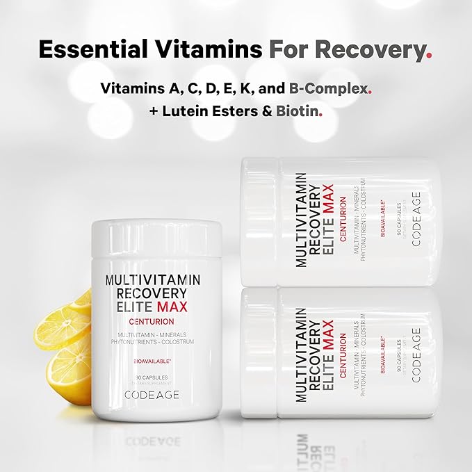 Codeage Multivitamin Recovery Elite Max Supplement - Vitamins A, C, D, E, B-Complex, Essential Minerals, Antioxidants, Colostrum, Phytonutrients, Pantethine, Non-GMO, Sport Multivitamins - 90 Capsules
