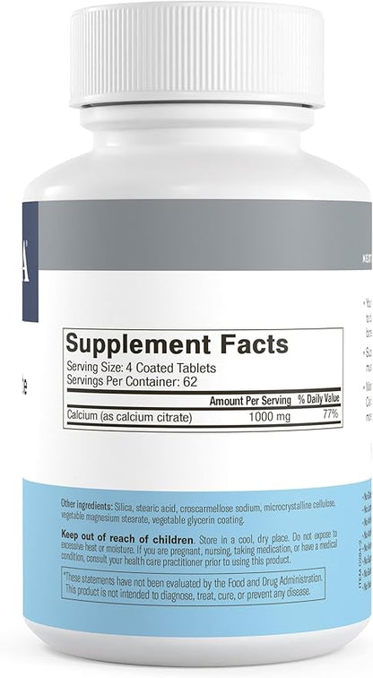Freeda Calcium Citrate – Kosher Vegan Bone Strength Supplement – Supports Bone Density & Muscle Function – Calcium 1000mg per Serving – No Added Vitamin D – (250 Tablets)