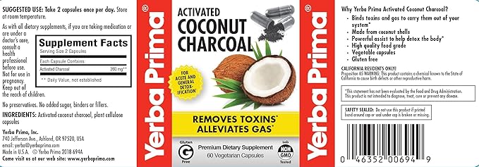 Yerba Prima Activated Coconut Charcoal, 60 Capsules - Natural Detox - Vegetarian, Vegan, Gluten Free, Non GMO