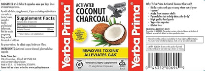 Yerba Prima Activated Coconut Charcoal, 60 Capsules - Natural Detox - Vegetarian, Vegan, Gluten Free, Non GMO
