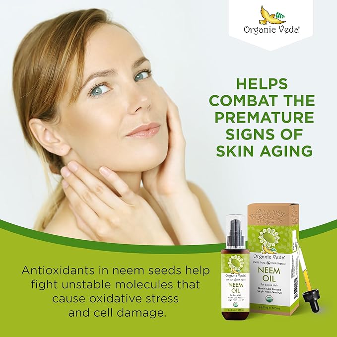 Organic Veda Neem Oil - Pure, Cold Pressed & Organic Neem Oil for Skin, Hair, Face, Body, Scalp - Natural Moisturizer, Virgin Neem seed oil - Rich in Vitamin E, Fatty Acids, Antioxidants - 3.4 fl oz