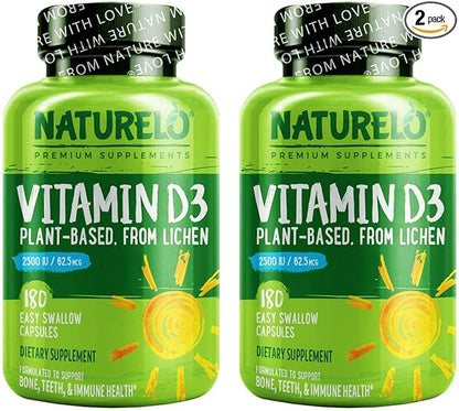 NATURELO Vitamin D - 2500 IU - Plant Based from Lichen - Natural D3 Supplement for Immune System, Bone Support, Joint Health - Vegan - Non-GMO - Gluten Free - 180 Capsules (Pack of 2)