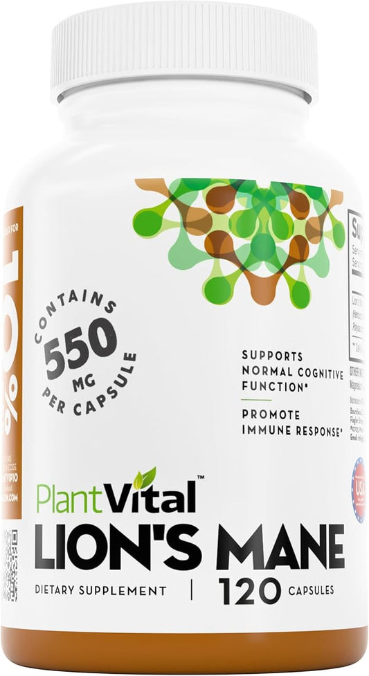 Plantvital Lions Mane Supplement - Organic Lion's Mane Mushroom Capsules 11,000mg (10:1 Extract) with 40% Polysaccharides - Immune System and Normal Brain Support Nootropic -2 Month Supply- 120 Count