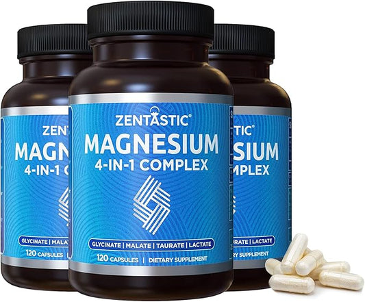 Zentastic Magnesium Complex - 360 Magnesium Capsules - Chelated Magnesium Glycinate, Malate, Taurate & Lactate - Support Bones, Muscles