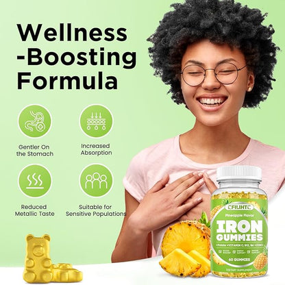 Iron Gummies for Adults & Kids - Iron Supplement with Vitamin B6, B12, C, Zinc, Folate for Women & Men - Support Iron Deficiency, Anemia, Energy Boost, Blood Builder - Sugar Free Vegan 60ct Pineapple