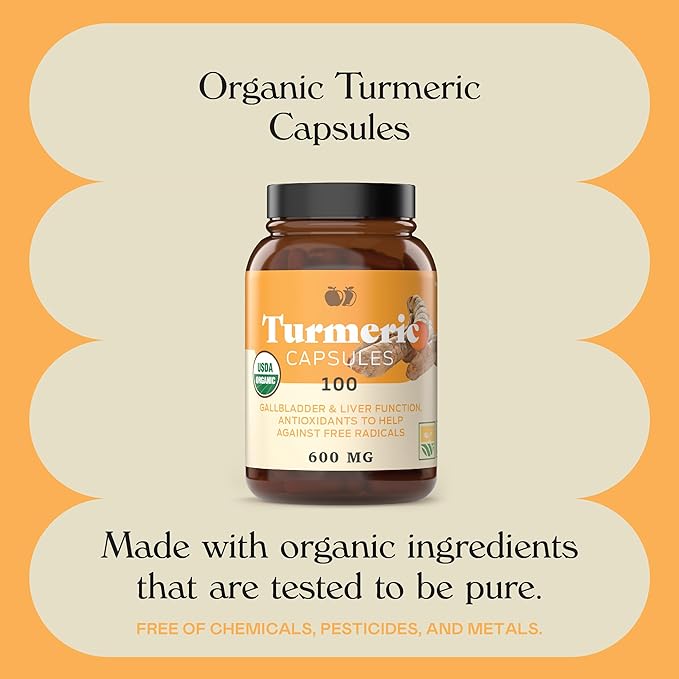 Organic Turmeric Capsules - Raw & Pure Curcumin Root Powder Supplement, 100 Capsules 600mg, Gallbladder, Liver, and Support