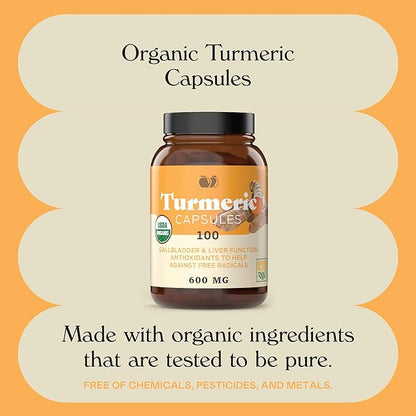 Organic Turmeric Capsules - Raw & Pure Curcumin Root Powder Supplement, 100 Capsules 600mg, Gallbladder, Liver, and Support
