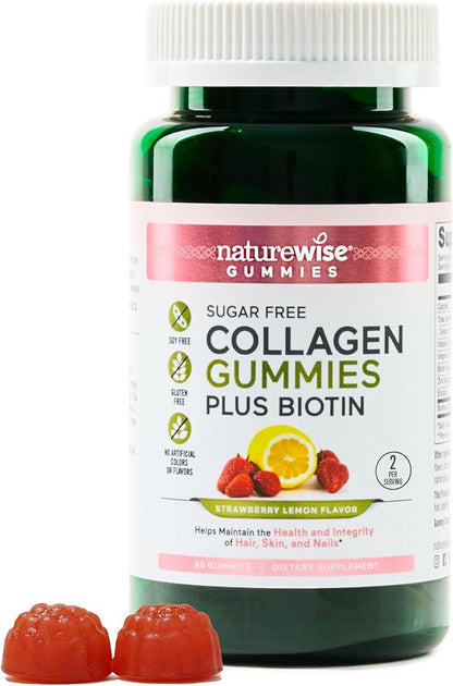NatureWise Collagen Gummies - Sugar-Free Hydrolyzed Collagen Gummies - Type 1 & 3 Peptides for Women + Biotin, Vitamin C, E, & Zinc for Hair Skin and Nails Support - 60 Count[1-Month Supply]
