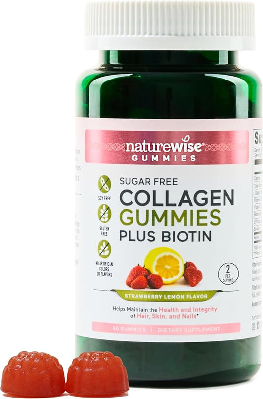 NatureWise Collagen Gummies - Sugar-Free Hydrolyzed Collagen Gummies - Type 1 & 3 Peptides for Women + Biotin, Vitamin C, E, & Zinc for Hair Skin and Nails Support - 60 Count[1-Month Supply]