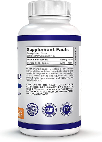 Zinc 50mg High Potency Formula, for Immune Health Support, up to 100 Days of Supply (100 Non-GMO, Vegan Tablets)