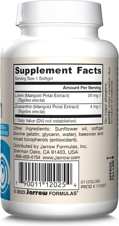 Jarrow Formulas Lutein 20 mg With Zeaxanthin, Dietary Supplement for Visual Function and Macular Health Support, 60 Softgels, 60 Day Supply