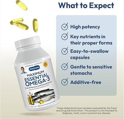 ANDREW LESSMAN Maximum Essential Omega-3 Unflavored, 180 Softgels - Ultra-Pure Omega-3 Fish Oil 1200 mg-High DHA, No Mercury Fish Oil Omega 3 Supplement-Small, Easy to Swallow Fish Oil Capsules