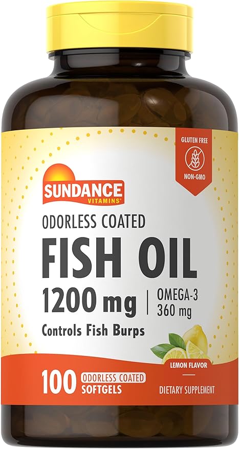 Sundance Odorless Fish Oil 1200mg | 100 Coated Softgels | Controls Fish Burps | Lemon Flavor | Non-GMO and Gluten Free Supplement.