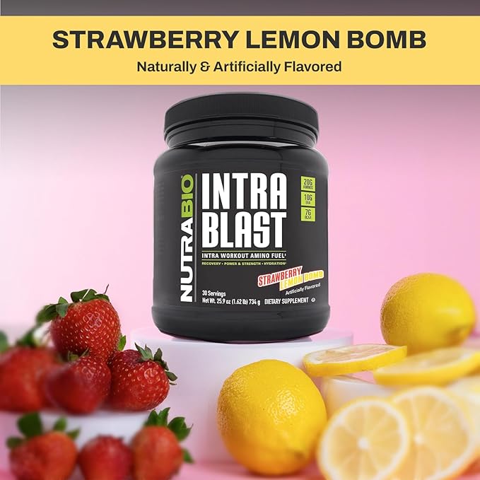 NutraBio Intra Blast Bcaa Powder Amino Acid Supplement, Electrolyte & Hydration Blend, Intra, Pre Workout & Muscle Recovery, 20g Eaa Amino Acids Powder, 5g Glutamine- Strawberry Lemon Bomb, 30 Serving