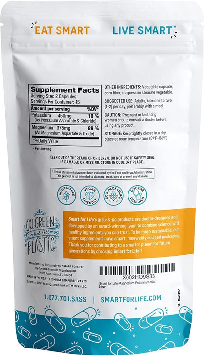 SMART FOR LIFE Potassium Magnesium Supplement – High Absorption Mineral Complex – 90 Vegan Capsules – Muscle Support & Electrolyte Balance