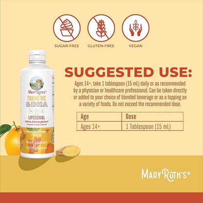 MaryRuth Organics | Liposomal Turmeric & DHA | Curcumin | Ginger Root Oil | Algal DHA & Vitamin E | Cognitive Function | Mood Support | Joint Health | Liquid Supplement | 15.22 oz