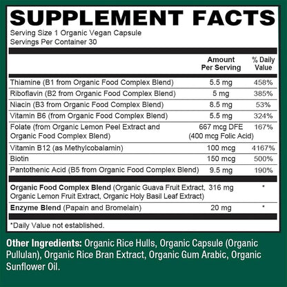 PlantFusion Organic Vitamin B-Complex, Vegan Whole Food Supplement for Energy & Metabolism, Methylated B12, Guava, Lemon & Basil, Non-GMO, Gluten-Free - 30 Capsules
