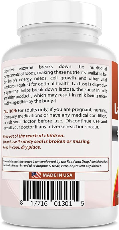 Best Naturals Lactose Intolerance Relief Tablets with Natural Lactase Enzyme, Fast Acting High Potency Lactase, 9000 FCC ALU, 180 Count