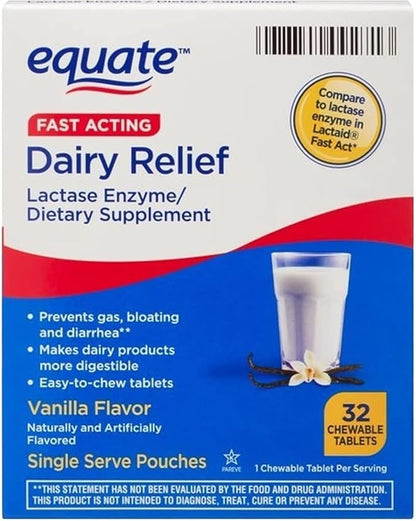 Equate Fast Acting Dairy Relief Lactase Enzyme Dietary Supplement Vanilla Flavor chewables Tablets 32 Count (Pack of 1) + CreativeAndBundle Sticker