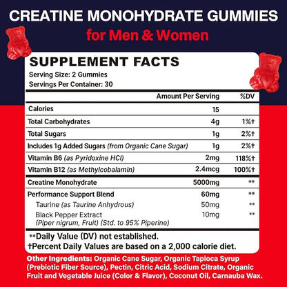 Creatine Monohydrate Gummies for Women & Men, Taurine & B6, Chewable Creatina Pre Workout Gummies for Max Strength & Muscle Growth, Energy, Endurance, Creatine for Men & Women - 2 Packs