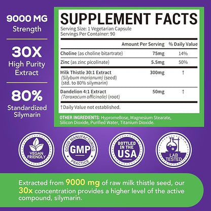 4-in-1 Milk Thistle Complex, 9000 mg Strength, 30X Concentrated Seed Extract, with Dandelion, Choline, Zinc, Fatty Liver Supplements, Liver Support, Non-GMO, 90 Veggie Caps, 3 Month Supply