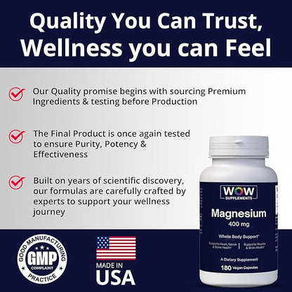 WOW Supplements Magnesium 400 mg Complex - Supplement for Men and Women - Citrate, Aspartate & Magnesium Oxide 400mg - 180 Capsules