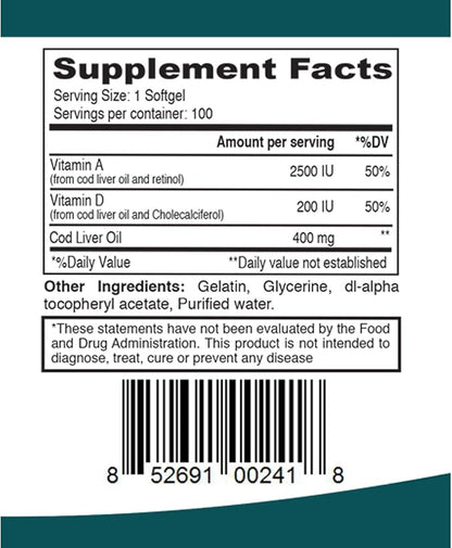 Cod Liver Oil 100 Softgels Aceite De Higado De Bacalao Capsules 100's