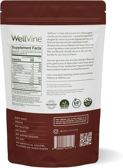 Nutrition Boosting Blend Supplement Powder for Brain, Gut & Heart Health | 100% Upcycled Chardonnay Grapes with Cocoa Flavanols| Plant-Based, Gluten and Allergen-Free for Men & Women | 12.7Oz