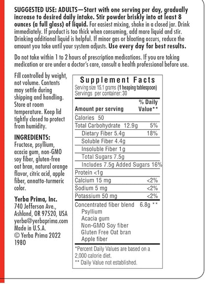 Yerba Prima Daily Fiber Formula 16 oz Powder (Pack of 3) - Great Tasting Premium Dietary Fiber Supplement, Made in The USA, Non-GMO, Gluten Free, Natural Orange Flavor