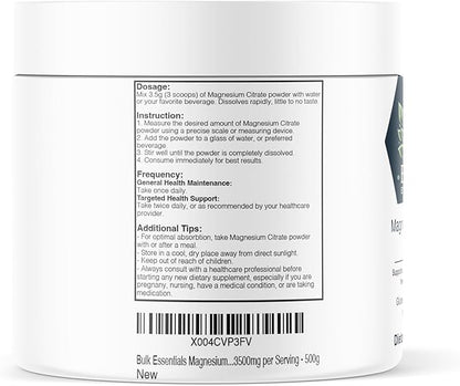 Pure Magnesium Citrate Powder – Unflavored 500g Supplement for Muscle, Heart & Digestive Support – USA Made, Free from GMO & Gluten – Magnesio 3.5g Per Serving