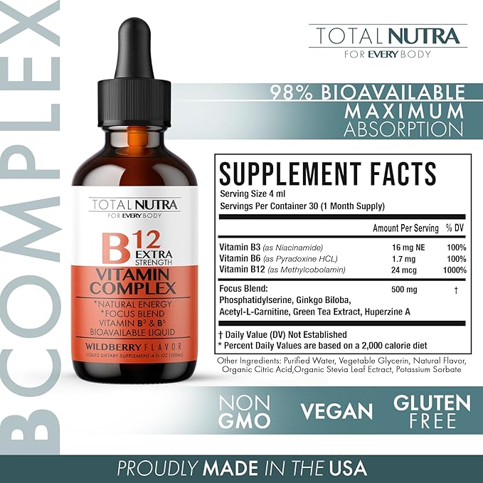 Extra Strength Liquid B12 Vitamin Drops- Vitamins B12, B6, B3- Vegan and Non GMO- Instant Energy, Focus & Metabolism Support with Green Tea, Carnitine & Ginkgo Biloba- Alternative to B Complex Capsule