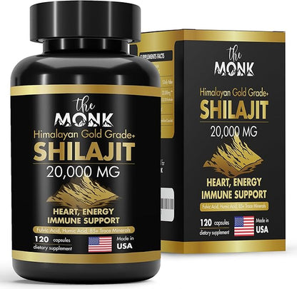 Organic Shilajit with Fulvic Acid, Humic Acid, 85+ Minerals- Gold Grade Plus - Same as Resin - Energy, Stamina, Brain Support - 120 Capsules - Made in The USA