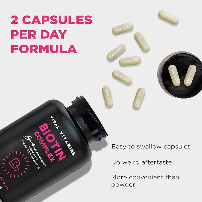 Vital Vitamins Biotin Complex Pills - with Hyaluronic Acid, MSM, Collagen, & Vitamin C - Supplement for Hair, Skin, & Nails - 60 Capsules