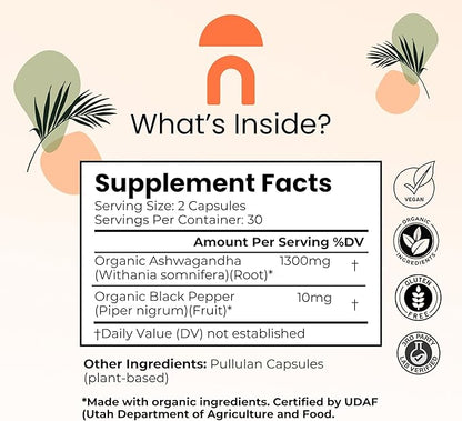 NutriRise Organic Ashwagandha Root Capsules with Black Pepper, 1300mg, Natural Stress & Mood, Thyroid & Immune Support Supplement, Clarity, Focus & Energy, Gluten Free, 60 Count