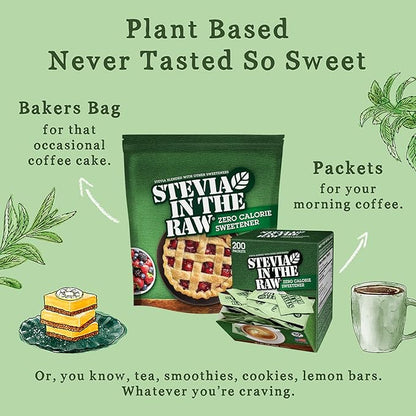 Stevia In The Raw, Plant Based Zero Calorie Sweetener, Sugar Substitute, Sugar-Free Sweetener for Coffee, Hot & Cold Drinks, Suitable For Diabetics, Vegan, Gluten-Free, 200 Count Packets (Pack of 2)