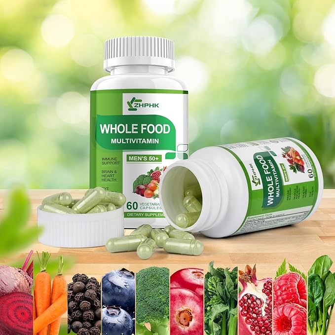 Multivitamins for Men 50 Plus, Whole Food Multivitamin Organic Based Superfoods Supplement for Men 50+ for Brain, Heart and Eye Health, Improve Digestion & Prostate Health, 120 Capsules